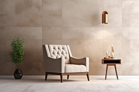 Modern interior design armchair marble wall. wood room. Generate AIの素材