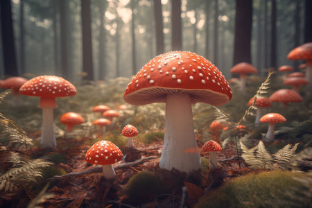 Red forest mushrooms. Agaric fungus. Generate AIの素材