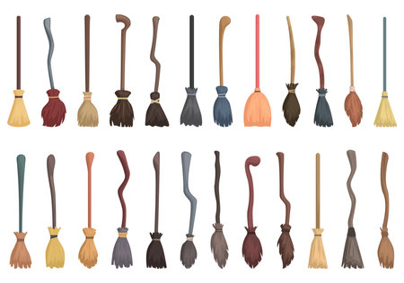 Broomstick icons set cartoon vector. Magic wizard. Wood stickのイラスト素材