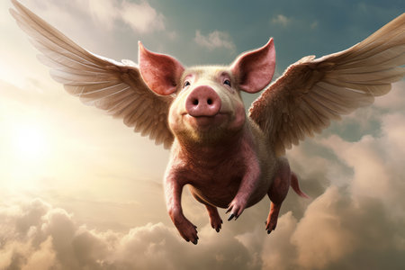 Pig flying wings. nature sky swine. Generate AIの素材