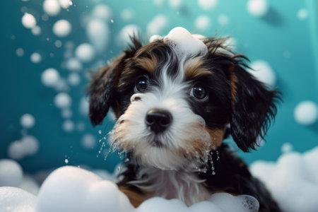 Puppy dog foam shampoo bath. Animal pet. Generate AIの素材