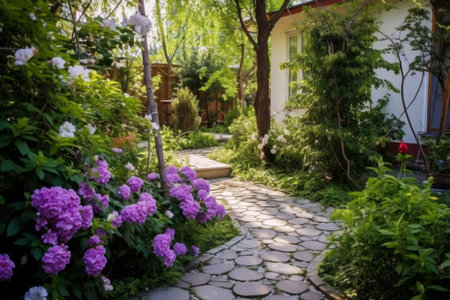 Tile path backyard sunny day. Walk architecture. Generate AIの素材