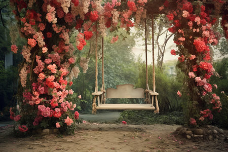 Swing decorated flowers rope. Romantic bench. Generate AIの素材