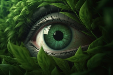human eye close up forest leaves. green effect. Generate AIの素材