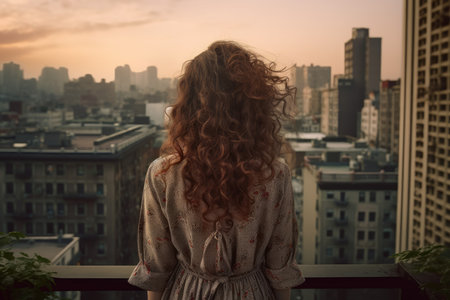 Woman curly hair trendy. student salon. Generate AIの素材