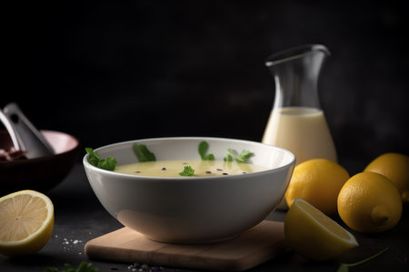 Bowl lemon sauce. Sauce herb. Generate AIの素材