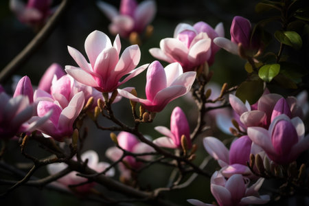 Bloomy magnolia tree flowers. Flora bloom. Generate AIの素材