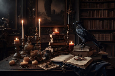 Raven ancient library old. culture volume. Generate AIの素材