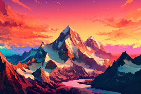 Mountains art sunset poster. color water light. Generate AIの素材
