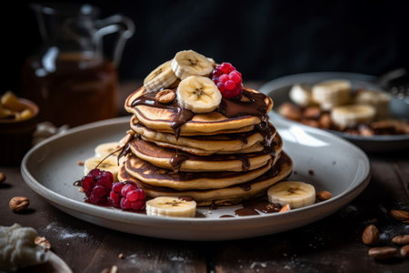 Pancakes banana honey strawberry. Oatmeal food. Generate AIの素材