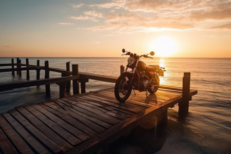 Motorcycle sea sunset horizont. active view. Generate AIの素材