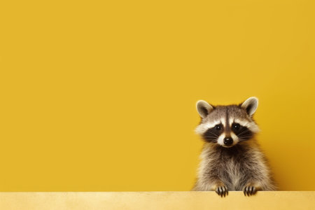 Raccoon animal yellow background. baby fun. Generate AIの素材