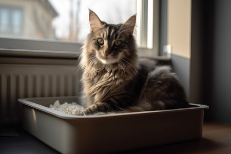Cat sitting tray home. Cute floor. Generate AIの素材