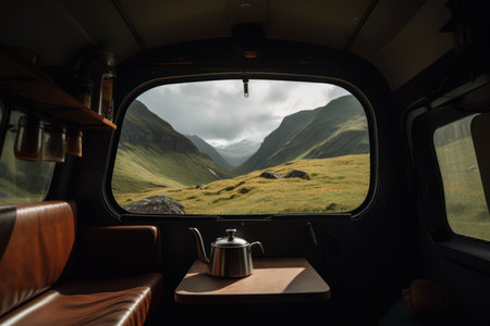 Campervan mountain landscape. camper travel. Generate AIの素材