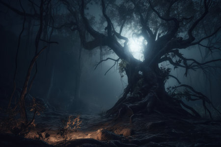 Tree dark night creepy. magic rock. Generate AIの素材