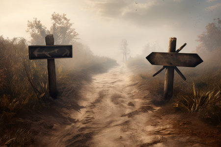 Dirt abandoned road signs. country night. Generate AIの素材