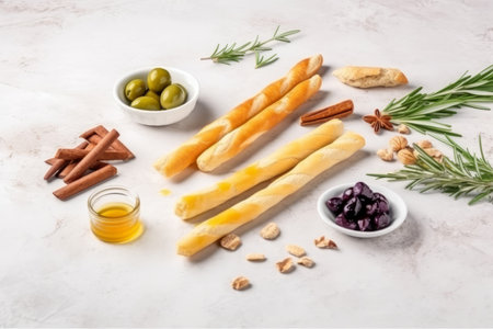 Rosemary oil olive grissini. Olive lunch stick. Generate AIの素材
