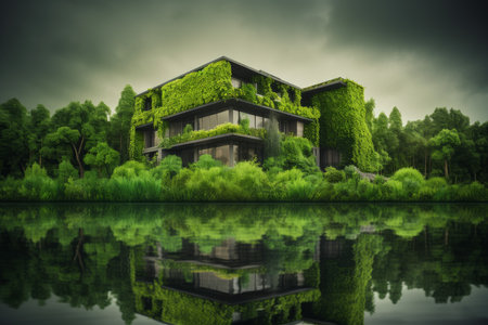 Green eco house lake. urban life. Generate AIの素材