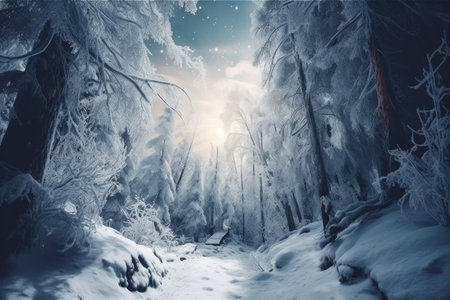 Winter forest night scene. Celebration snowfall. Generate AIの素材