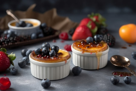 Creme brulee berry candy. White bowl. Generate AIの素材