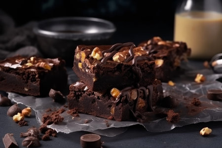 Chocolate brownies coffee beans. Cocoa piece. Generate AIの素材