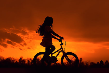 Girl ride bike sunset. Bike sport. Generate AIの素材