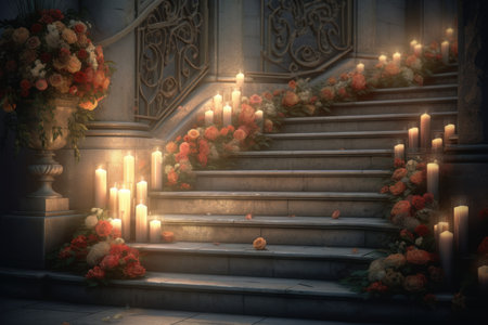 Stairs candles flowers stone. light party. Generate AIの素材