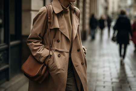 Woman coat rain street. Model nature. Generate AIの素材