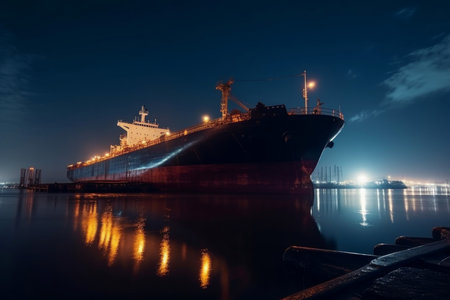 Tanker night lights port. global trade. Generate AIの素材