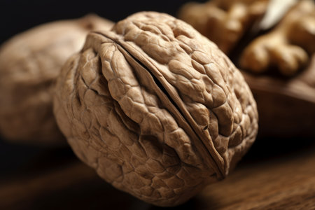 Walnut broken closeup. Kernel dry. Generate AIの素材
