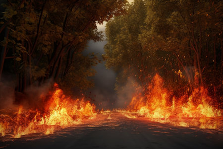 Blazing flames road. forest danger. Generate AIの素材