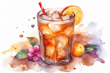 Watercolor iced coffee. ice drink. Generate AIの素材