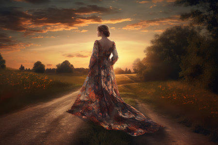 Woman floral dress sunset. face model. Generate AIの素材