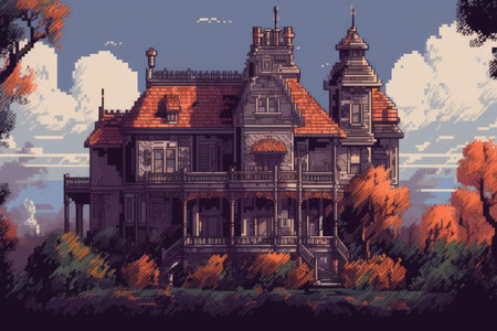 Mansion pixel art night. villa home. Generate AIの素材