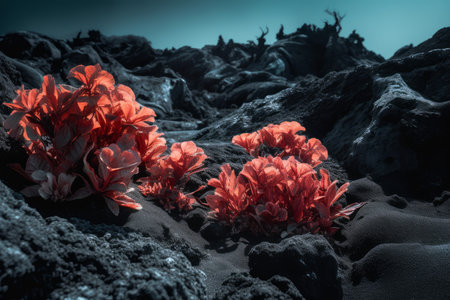 Red flowers volcano. fauna beauty. Generate AIの素材