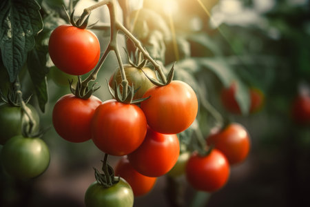 Tomato bunch farm. Leaf harvest ripe. Generate AIの素材