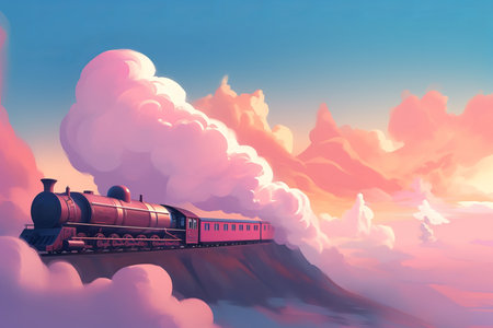 Train pink clouds. tourism transport. Generate AIの素材