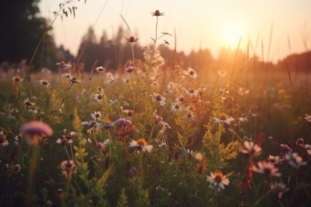 Summer meadow wild flowers land. sky nature. Generate AIの素材