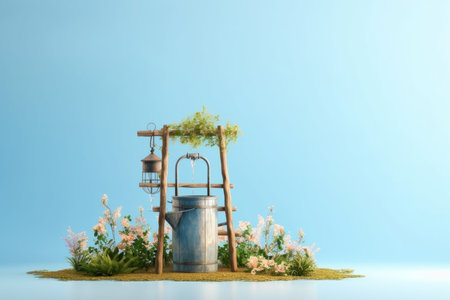 Artesian water well with flowers. garden farm. Generate AIの素材