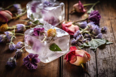 Frozen ice wild flowers. frost pink. Generate AIの素材