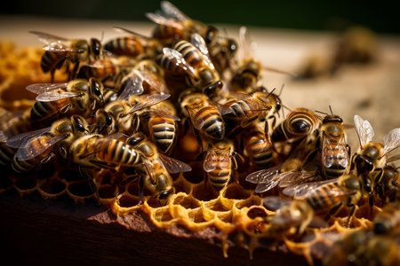 Honeybees working hard. nature gold. Generate AIの素材