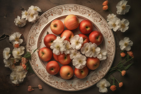 Apple flowers plate top view. nature garden. Generate AIの素材