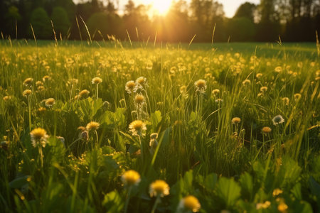 Meadow dandelions. Dandelion season plants. Generate AIの素材