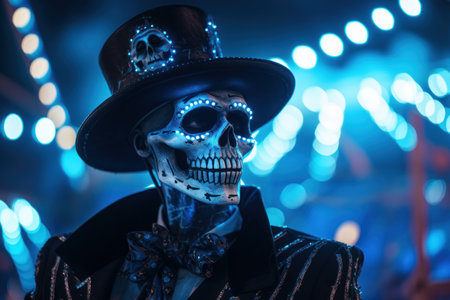 Neon carnival skeleton. holiday mask. Generate AIの素材