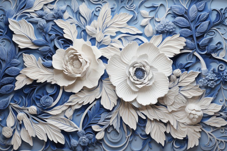 Floral ornate white blue design. Arabic ceramic. Generate AIの素材