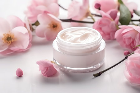Cosmetic cream pink flowers. body beauty. Generate AIの素材