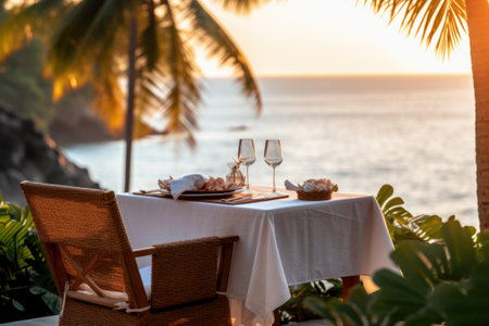 Luxury beach dinner sunlight. Romance couple. Generate AIの素材