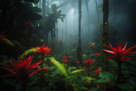 Red flowers jungle. Tropical nature jungle. Generate AIの素材