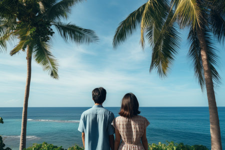 Asian couple watch sea. summer nature. Generate AIの素材