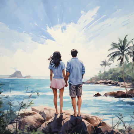 Asian couple watch sea banner. happy life. Generate AIの素材